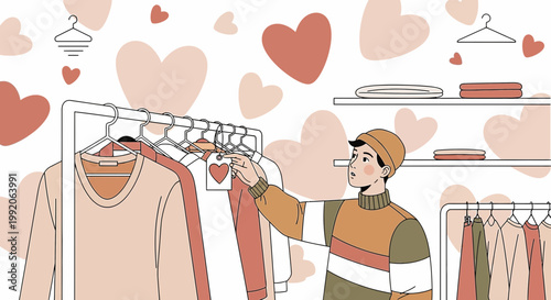Man Shopping for Valentine's Day Clothes with Hearts Background