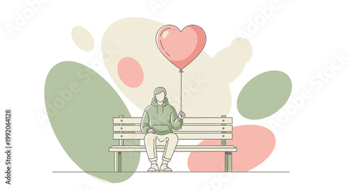 Man Sitting on Bench Holding Red Heart Balloon, Abstract Shapes Background