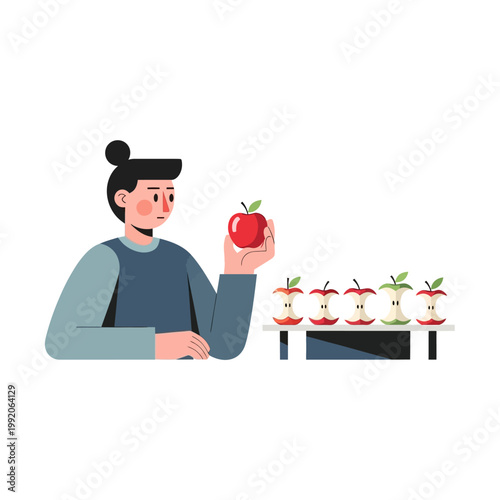 Person holding an apple, comparing with apple cores on a shelf, healthy food concept