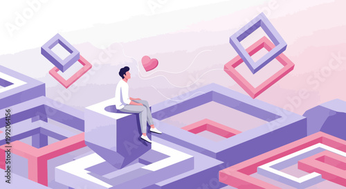 Man Sitting on Geometric Cube, Abstract Heart, Surreal Mindscape, Love Concept