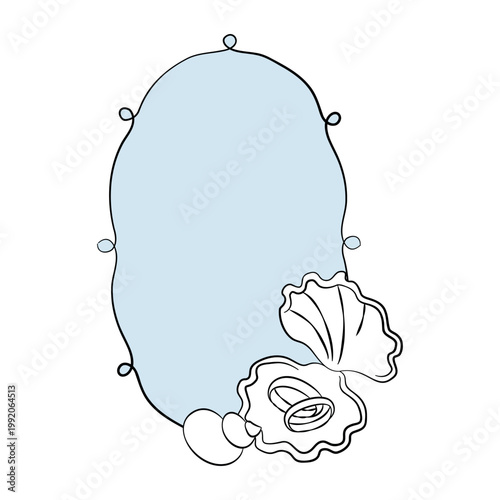 Hand-drawn frame card template with seashells and wedding rings graphic illustration for wedding decor, cards, menu, invitation