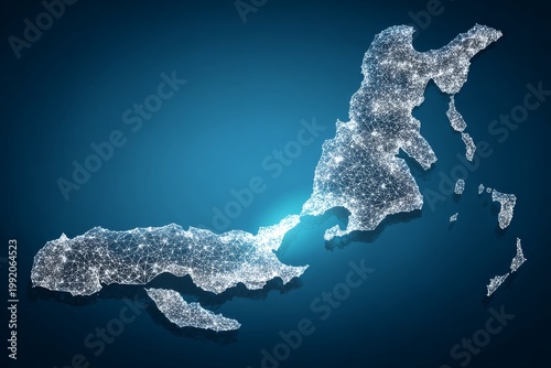 Digital representation of the Indonesian archipelago with blue glowing lines and network visuals