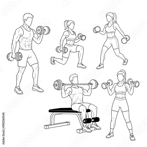 Diverse group performing weightlifting exercises: dumbbells, barbell, bench press, lunges