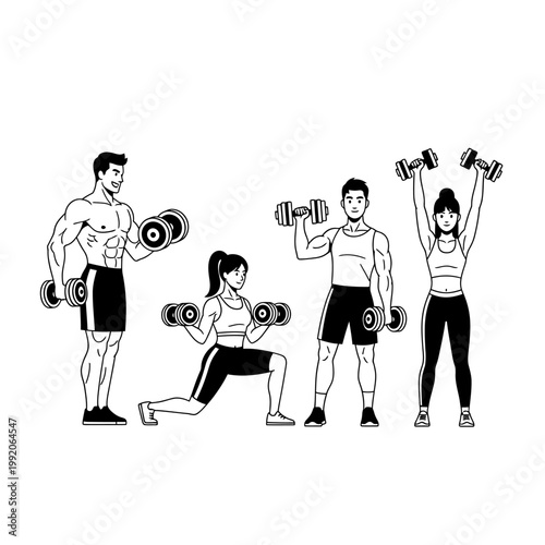 Diverse group of people exercising with dumbbells, strength training workout