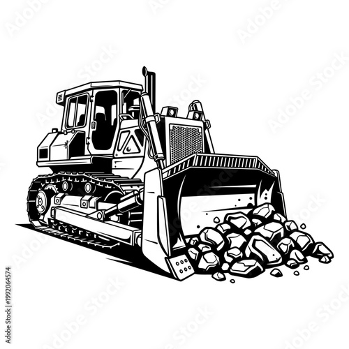 Heavy bulldozer pushing rocks and debris on a construction site, heavy machinery