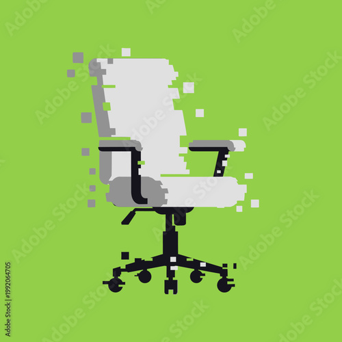 Pixelated Office Chair Dissolving into Digital Glitch Effect on Green Background