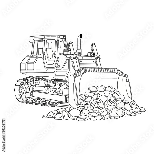 Heavy bulldozer pushing rocks and debris on construction site