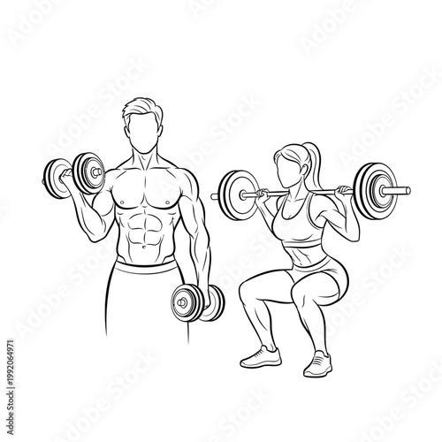 Fit couple exercising with weights: man doing bicep curls, woman doing barbell squats