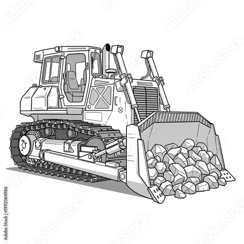 Heavy bulldozer with large blade pushing rocks on a construction site, illustration