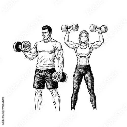 Fit Couple Lifting Dumbbells: Man and Woman Strength Training Workout