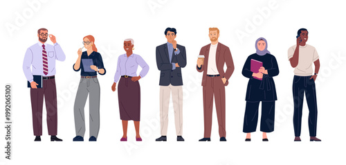 Business Team Collection. Vector cartoon illustration of a group of diverse people in business outfits standing together. Isolated on a transparent background.