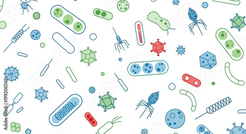 Colorful microscopic bacteria and viruses.