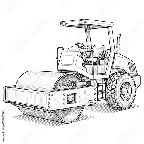 Heavy duty road roller machine, construction vehicle, industrial equipment, black and white sketch