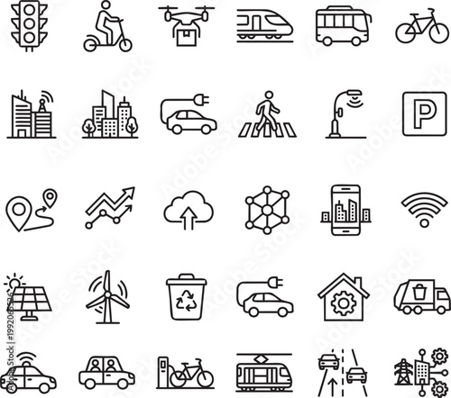Smart City Urban Mobility Line Icons Set, Minimal Black Outline Vector, Transportation Technology Icon Pack Grid