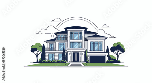 A modern, multi-story residence with large windows and a garage, set amidst trees and clouds