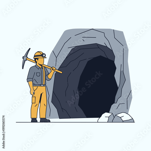 Miner with pickaxe stands at cave entrance, ready for work