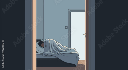 A person sleeps peacefully under a blanket in a dimly lit room, door ajar