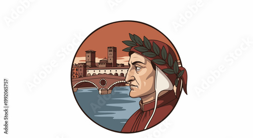 A medieval poet gazes thoughtfully over a historic city with a bridge and river