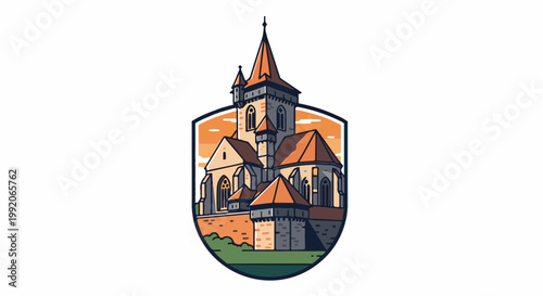 A medieval stone building with conical orange roofs, set against an orange sky