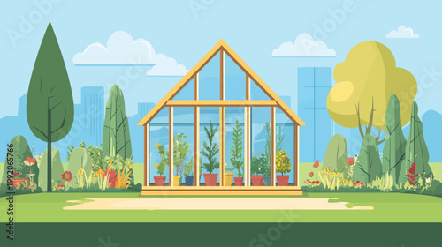 A vibrant garden scene features a greenhouse filled with potted plants, surrounded by greenery