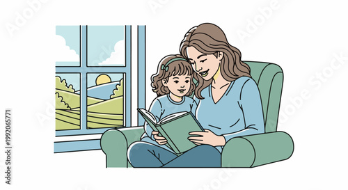 A mother and child sit in an armchair, reading a book together, with a picturesque landscape visible through the window
