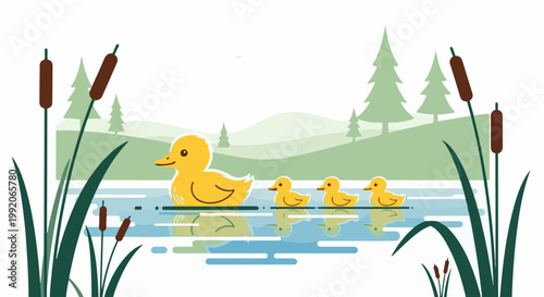 A mother duck and her ducklings glide across a tranquil blue pond