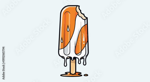 A melted orange and white popsicle with drips on a light blue background