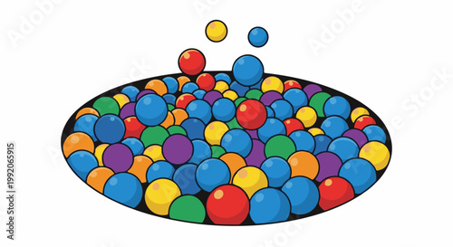 A mound of colorful, round plastic balls, some floating, fills a black oval area