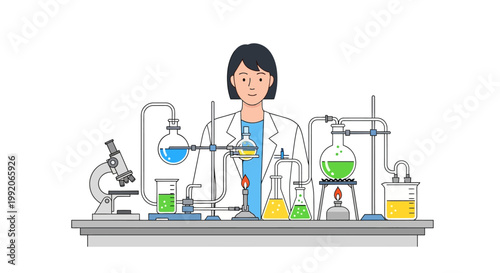 Female scientist conducting experiment in a laboratory with glassware and microscope