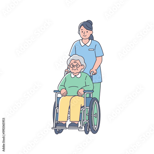 Nurse pushing elderly woman in wheelchair, healthcare, medical assistance, senior care, support