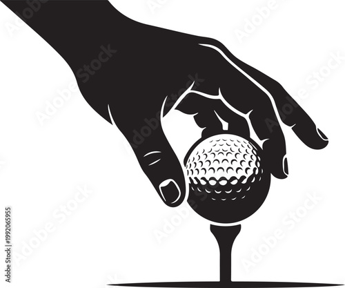 Hand placing golf ball on tee silhouette with preparation beginning activity competition recreation