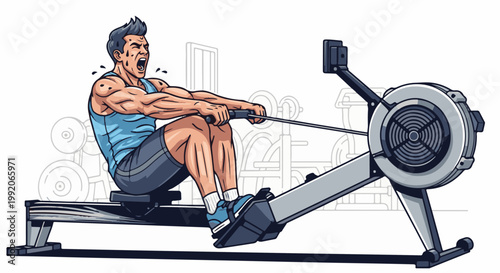 A muscular man with sweat beads strains intensely while rowing vigorously on a gym machine, silhouetted equipment behind him