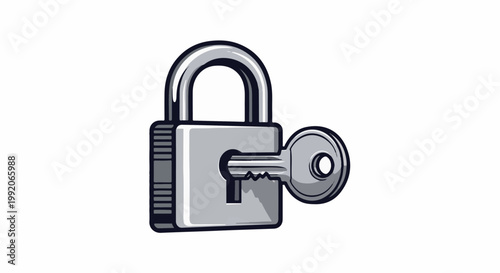 A metallic padlock with a key inserted into its lock mechanism, rendered in grayscale