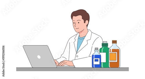 Pharmacist working on laptop with medication bottles