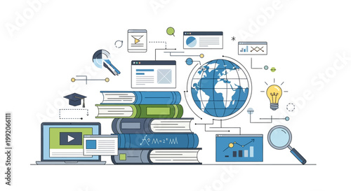 Online Education Concept: Books, Laptop, Globe, Lightbulb, Magnifying Glass, Charts