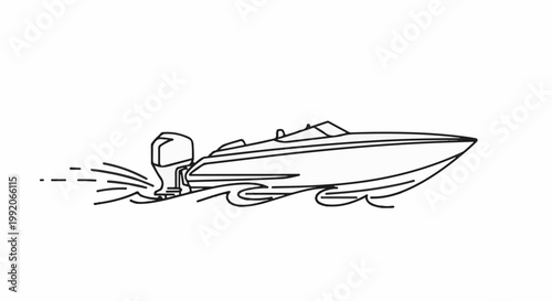 A line art illustration of a motorboat speeding through waves with spray from its engine