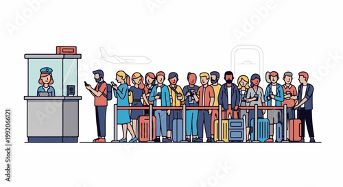 A line of people with luggage waits at a counter, with an airplane and a gate in the background