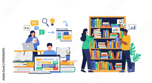 Online learning and library research concept, people studying and organizing books