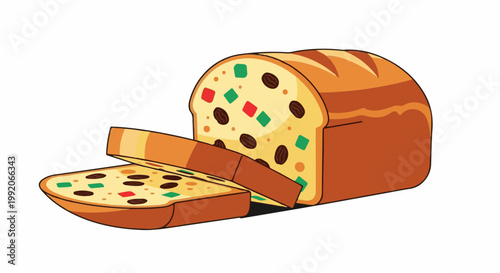 A loaf of fruitcake with two slices cut, revealing embedded fruit