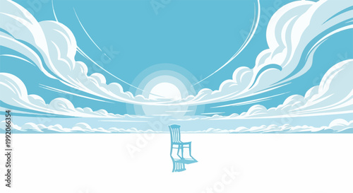 A lone, empty chair sits on a bright, featureless plain under a vast, cloudy sky