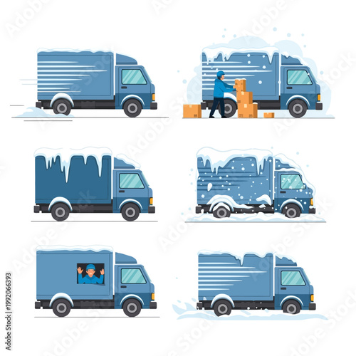 set shows six different scenarios of a delivery truck in various conditions and uses. In one scene, a worker is loading boxes into the truck.
