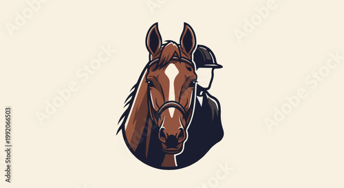 A horse with a rider behind it, depicted in a stylized, graphic manner