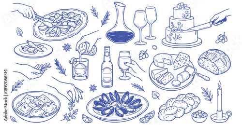 Hand drawn food and drink illustrations set blue line art doodles of dinner party isolated on white background
