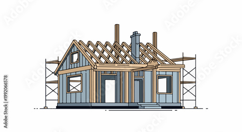 A house under construction with exposed wooden framing and scaffolding