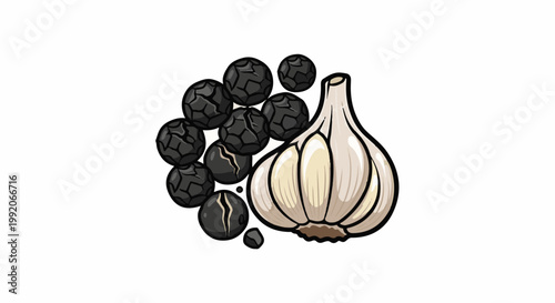 A graphic illustration of a whole garlic bulb and a cluster of black peppercorns