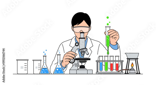 Scientist using microscope and test tubes in laboratory, conducting research and experiments