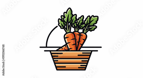 A graphic illustration shows three vibrant orange carrots with green leafy tops peeking from a wooden basket
