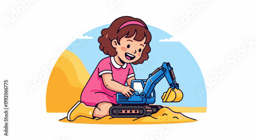 A joyful child plays with a toy excavator on a sandy landscape under a blue sky