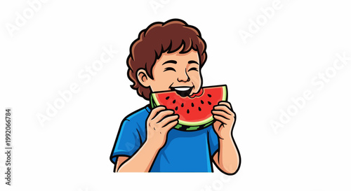 A joyful child with brown hair smiles widely while eating a juicy slice of watermelon