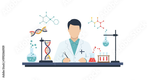 Scientist Working in Laboratory with DNA and Molecules Illustration